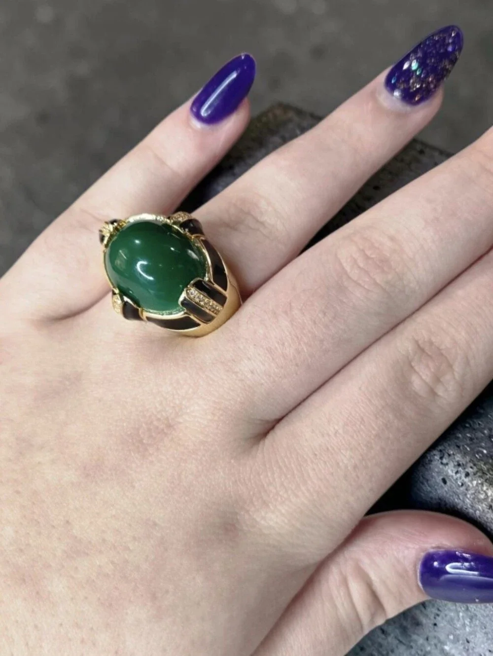 18k Gold Plated Onyx Enamel Green Onyx Glass Cabochon Oversized Statement Ring